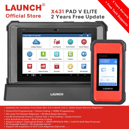 Launch X431 PAD V Elite PAD 5 Diagnostic Tool with Smartlink C Topology Map 60+ Reset ECU Online Programming&Coding CAN FD DOIP