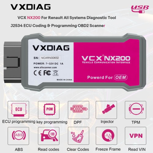 VXDIAG VCX NX200 for Renault OBD2 Scanner All Systems Diagnosis Bi directional Support ECU Coding/Programming USB Connection